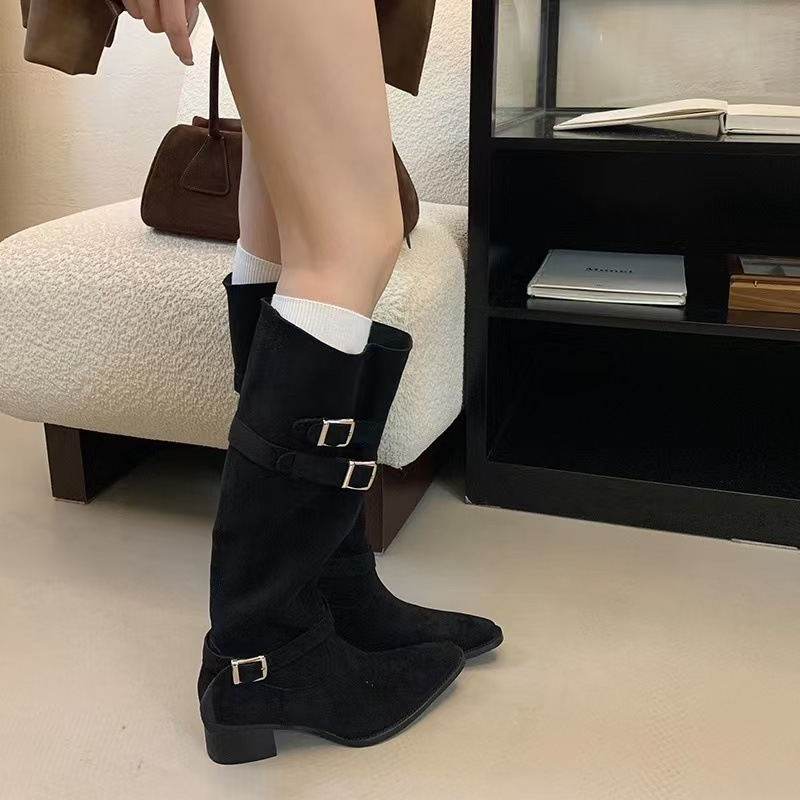 2024 Autumn And Winter New Pointed Long For Women, Thick Heel High Leg Boots That Do Not Exceed The Knee, High-Heeled Women's Shoes