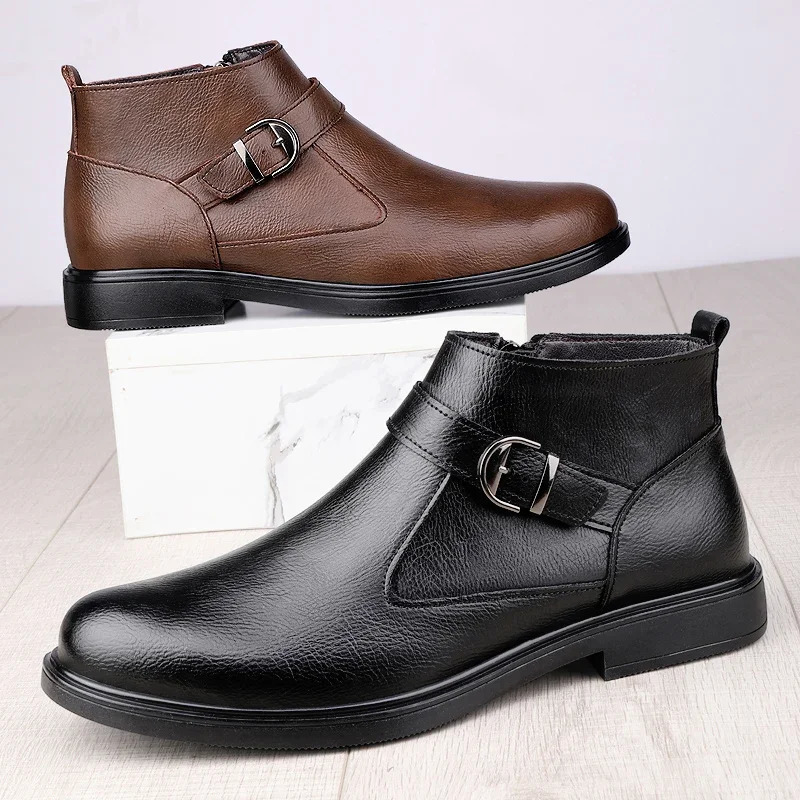Winter plush warm black Chelsea mens boots business formal high-end leather shoes British style low boots casual wedding shoes 241031