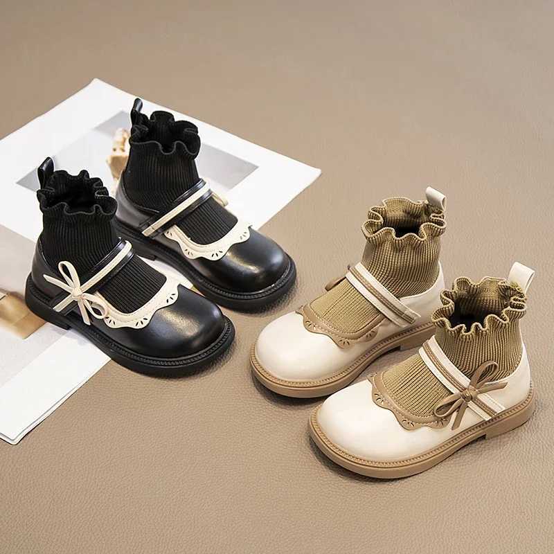 Childrens socks boots girls hook and loop color matching lace fashion childrens leather shoes anti slip sweet princess boots new M241102