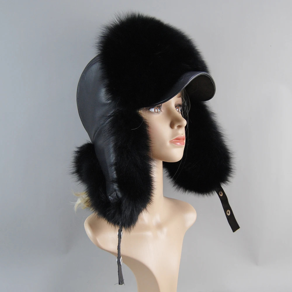 A genuine silver fox fur hat with ear flaps a genuine natural fur hat suitable for Russian womens bomber hats and a trap hat with a genuine leather to
