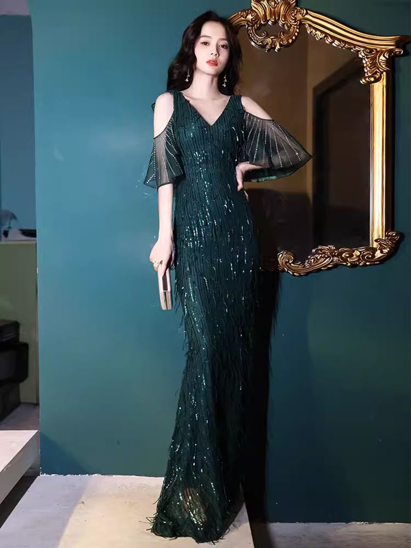 Green Sequin Evening Dresses V Neck Off shoulder Women Elegant Mermaid Maxi Prom dress Party Gown Abendkleider Robe De Soiree Vestidos