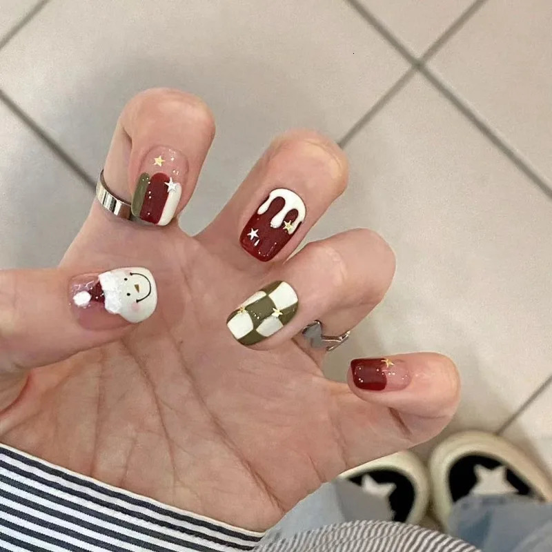10 pieces/set of fake nails complete set of fake nails pressed on nails DIY handmade patches detachable Christmas snowman checkered star 241031