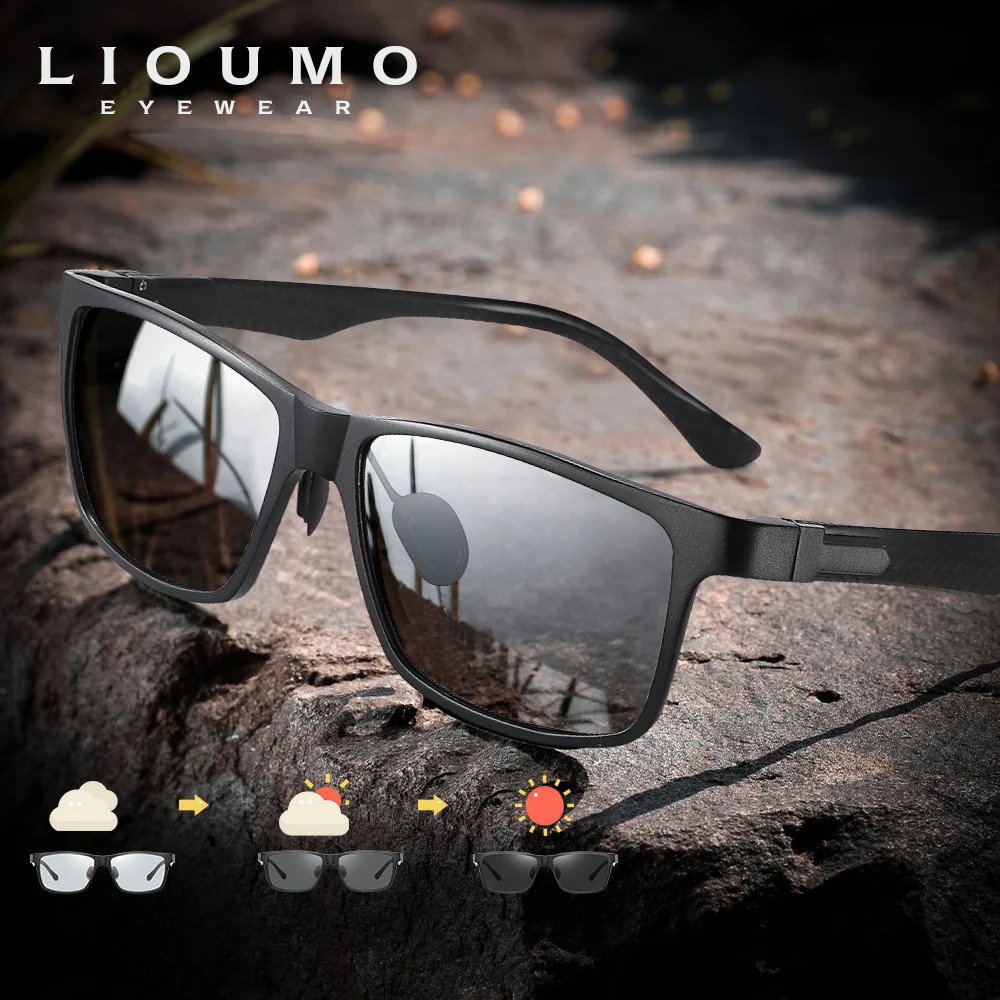 LIOUMO high-quality pochromic polarized sunglasses suitable for men women carbon fiber frames square glasses UV400 lenses 241031