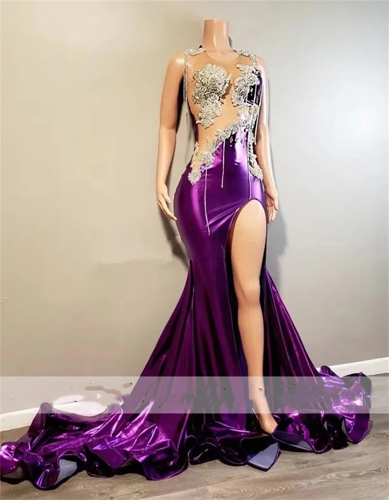 Gorgeous Diamonds Purople Prom Dress For Black Girls Sparkly Crystal Rhinestones Beading Tassels Slit Birthday Party Gowns