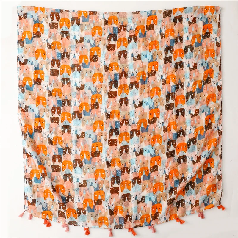 Lovely Animal Cat Pattern Tassel Viscose Shawl Scarf Lady High Quality Wrap Thin Pashmina 2025 Stole Bufandas new Muslim Hijab 180*90Cm