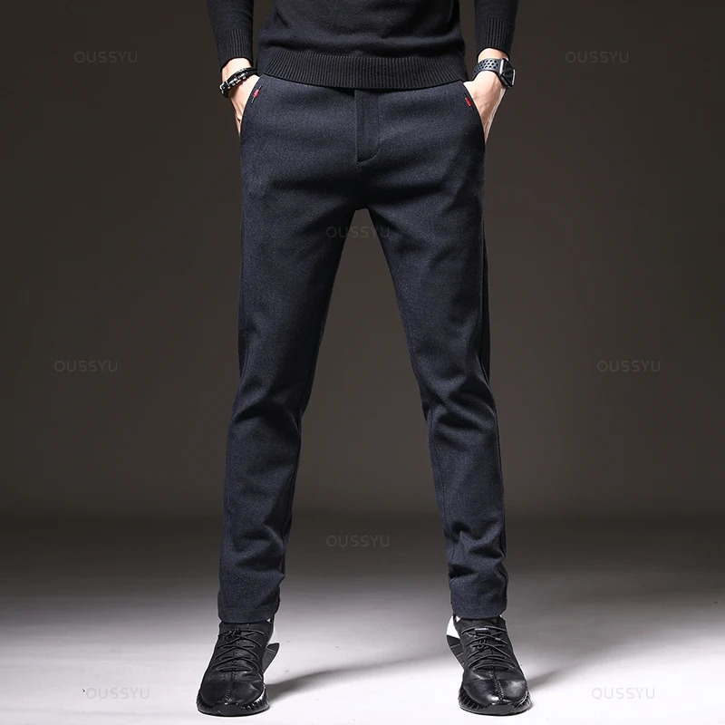 Winter Fleece Warm Mens Brushed Fabric Casual Pants Business Fashion Slim Fit Stretch Thick Velvet Cotton Trousers Male 2838 240319Z
