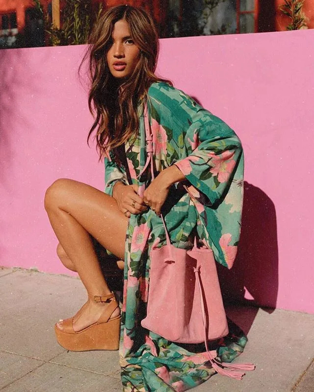 Floal Bikini Cover-ups Pink Boho Print Self Belted Front Open Long Kimono Dress Beach Tunic Women Swim Suit Cover Up 240315
