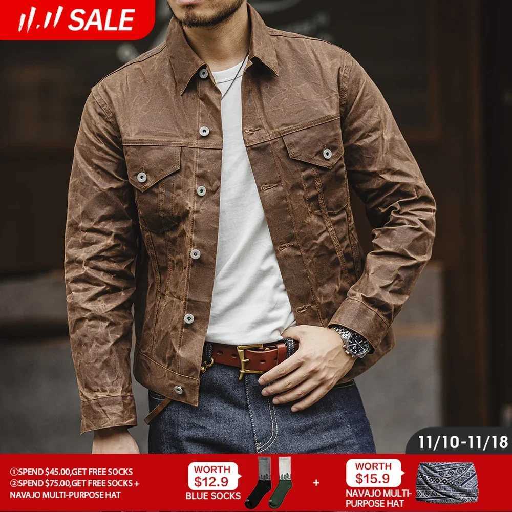 Maden Amekaji Retro Mens Oil Wax Jacket Canvas Cotton Military Uniform Light Casual Work Sari Style Jacket Mens Clothing W241102