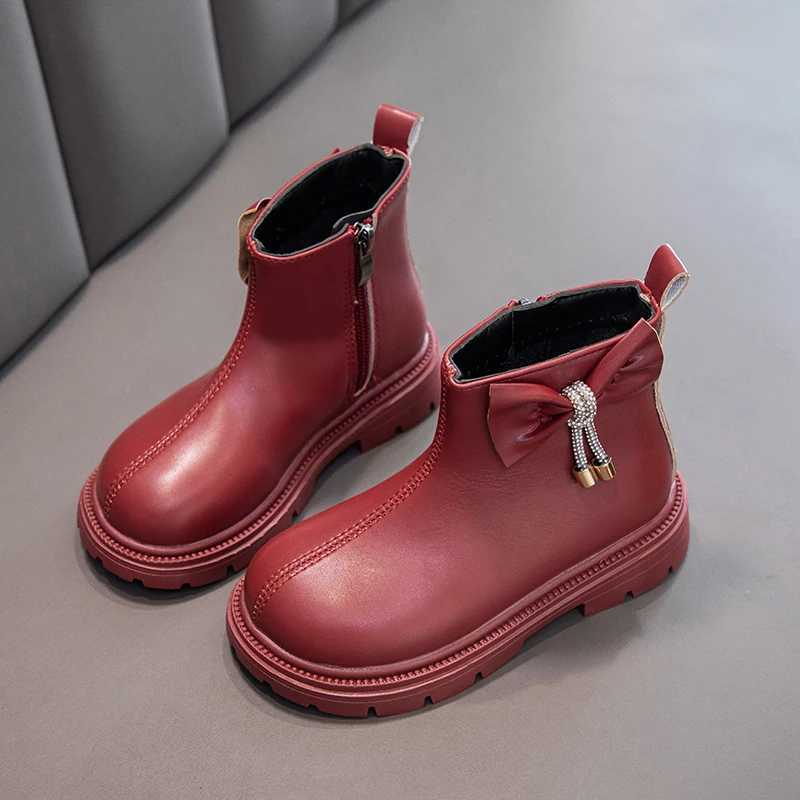 Girls ankle boots black Pu leather bow round toe fashionable childrens autumn boots fashionable bow round toe childrens shoes M241102