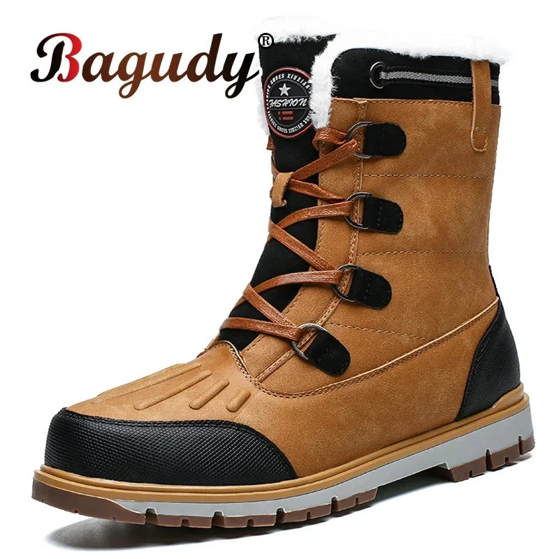 Fashionable mens winter boots warm fur high top snow boots mens waterproof leather platform boots outdoor anti slip mens winter shoes 241031