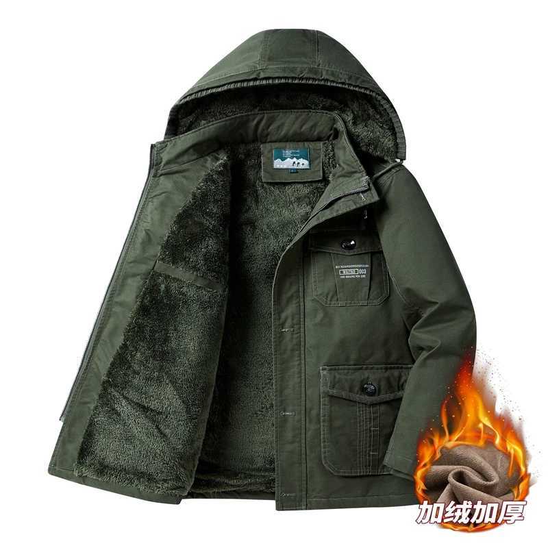 Mens suitable winter coat LTI pocket cargo solid zipper jacket mens long winter coat hooded casual and warm Parkas 6XL W241102