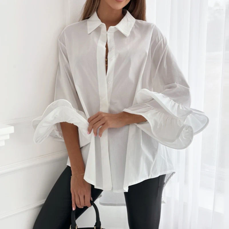 Women's Blouses Simple Temperament Loose Oversized Commute Office Button Flare Sleeve Female Tops Blusas 2024 Spring Autumn Women Shirts
