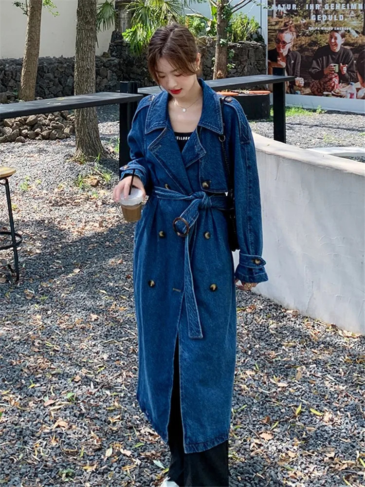 Vintage Blue Denim Windproof Jacket Autumn Double Chest Strap Loose Casual Elegant British Womens Long Trench Coat 8185 241031