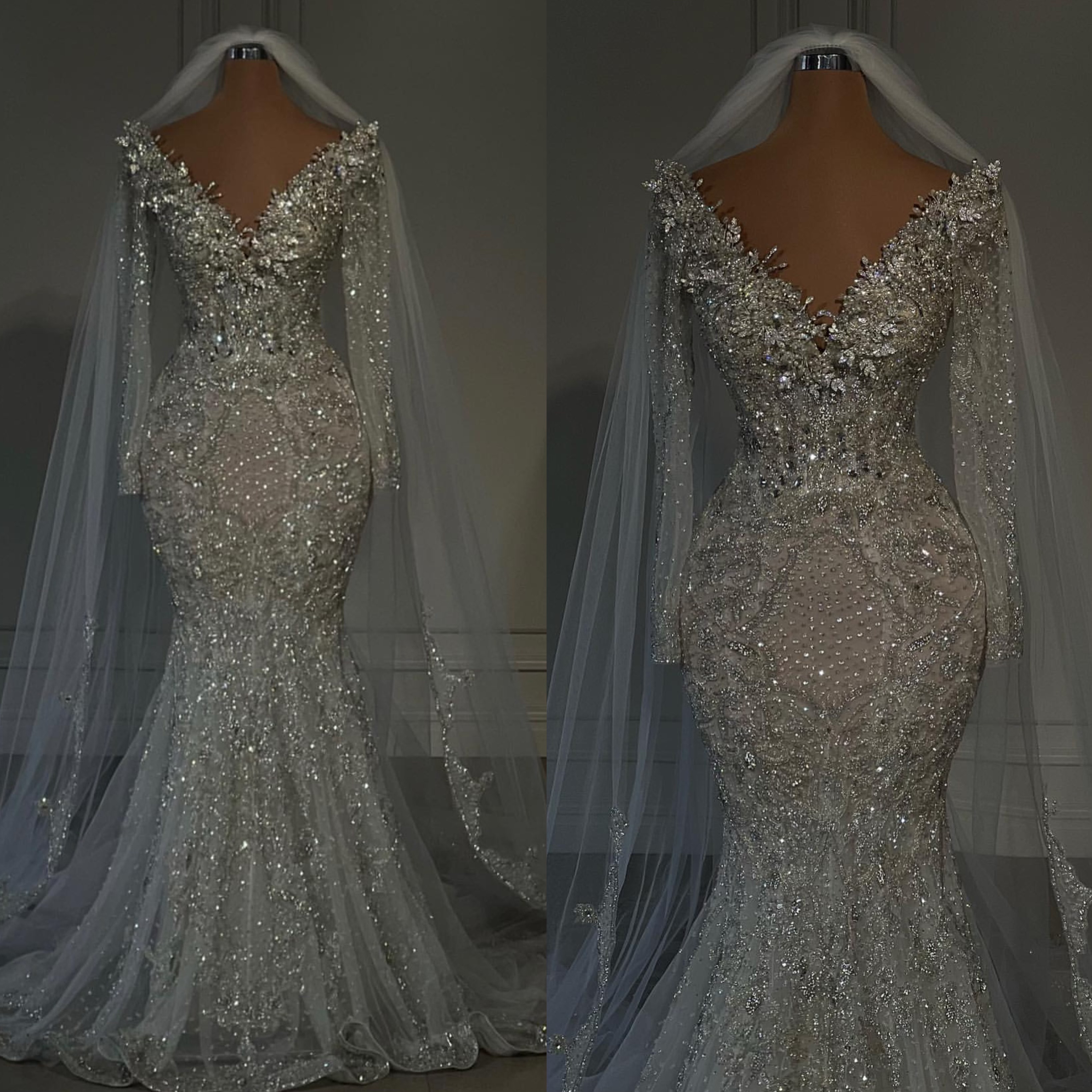 Mermaid Gorgeous Chart Wedding Dress V Neck Beading Lace Long Sleeves Illusion Wedding Dresses Bridal Gowns Sweep Train Designer Robe De Mariage Sleee