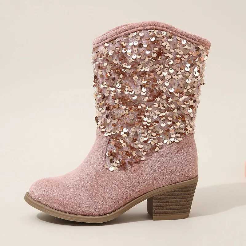 Girl Chelsea Boots New Glitter Thick High Heels Korean Sle European and American Fashion Childrens Edition Soft Princess Boots M241102