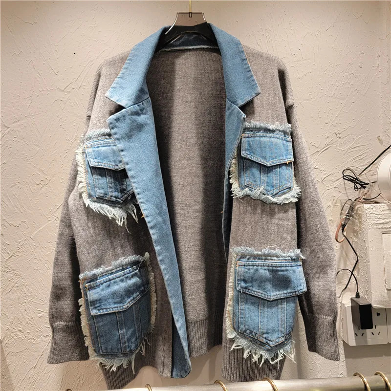 Womens denim patchwork suit jacket knitted cardigan pocket contrasting color jeans jacket long sleeved autumn sweater top 241031