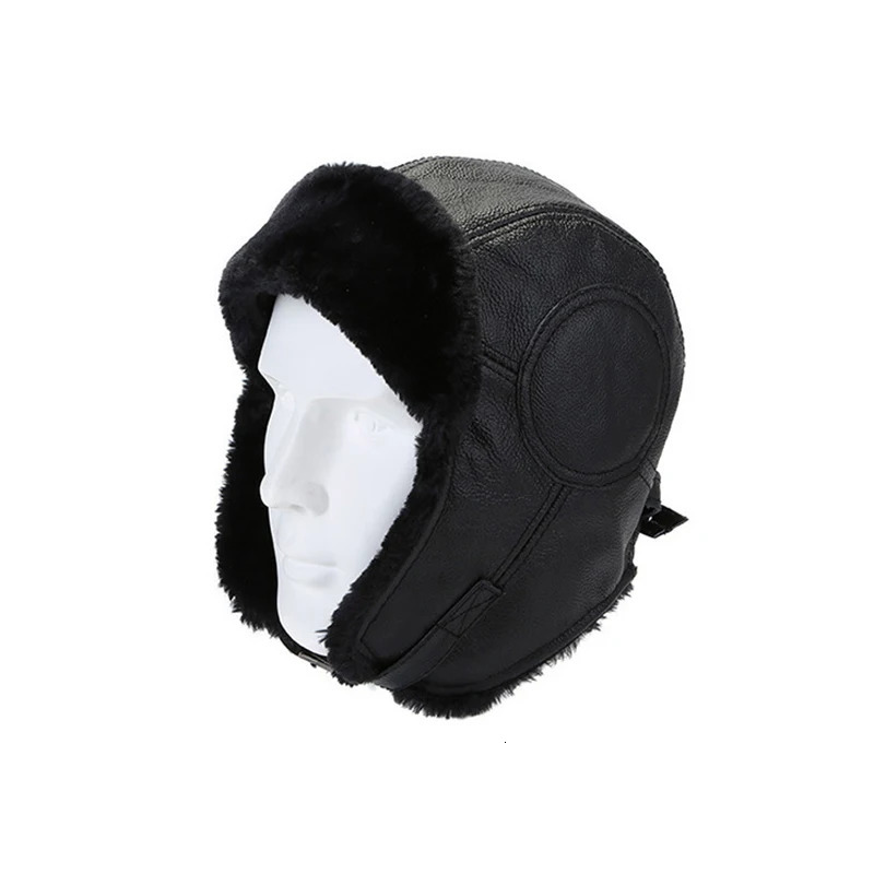 Mens winter womens Leifeng genuine leather hat pilot bomber trap hat artificial fur snow hat with ear flaps windproof and warm 241031