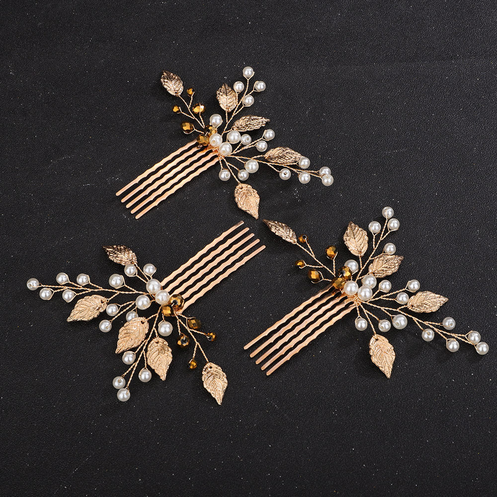 3PCS Gold Hair Comb for Wedding Pearl Crystal Leaf Bridal Head Piece Handmade Vintage Hair Accessories Jewelry Chic Party Tiaras