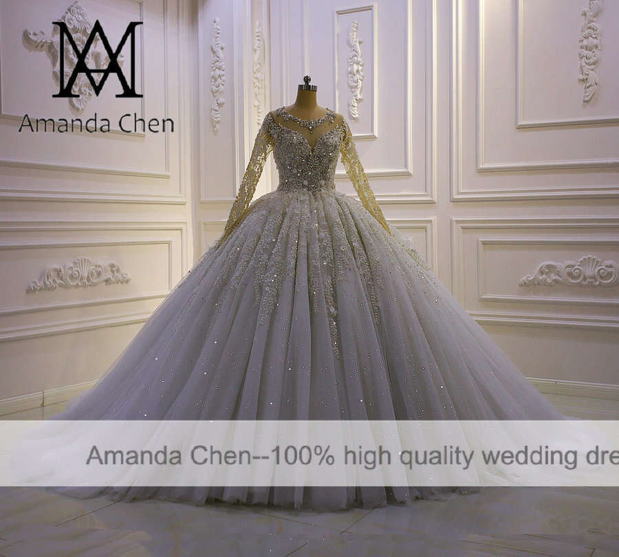 vestidos formales Long Sleeve Lace Appliques Rhie Crystal African Wedding Dress