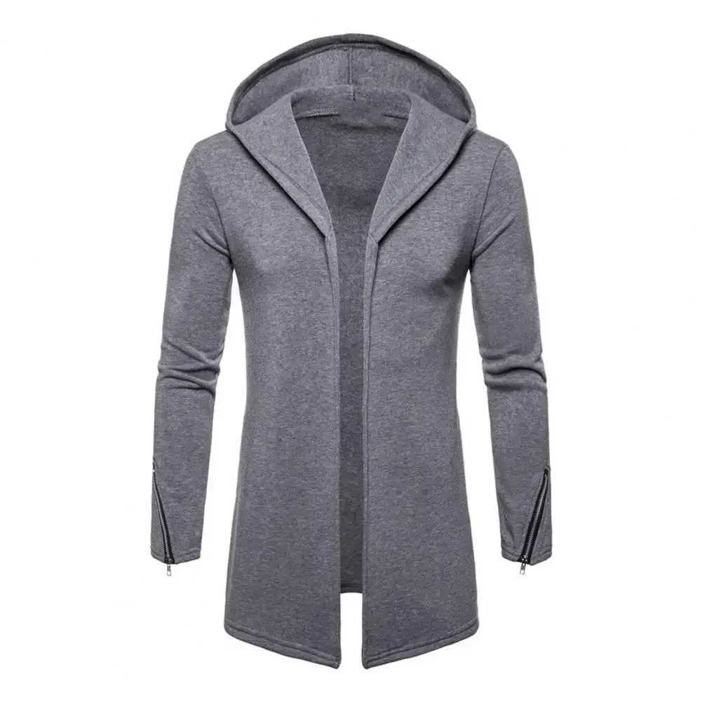 Mens outerwear hooded long slip casual autumn outerwear solid color zipper cuffs warm open seam cardigan W241102