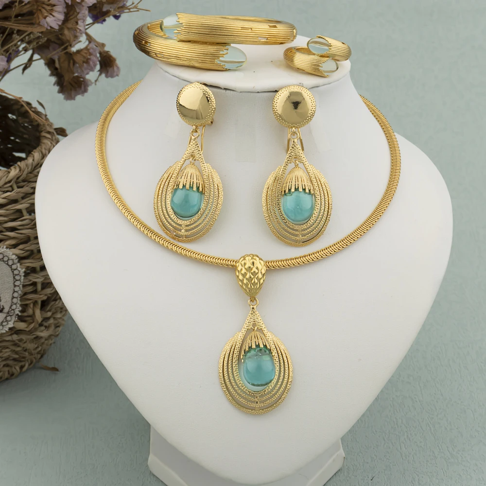 4 pcs Women Dubai Jewelry 2025 Sets Italy Drop Earrings Gold Plated Female Necklace Bracelet Ring Engagement Bridal new Jewelry Gift