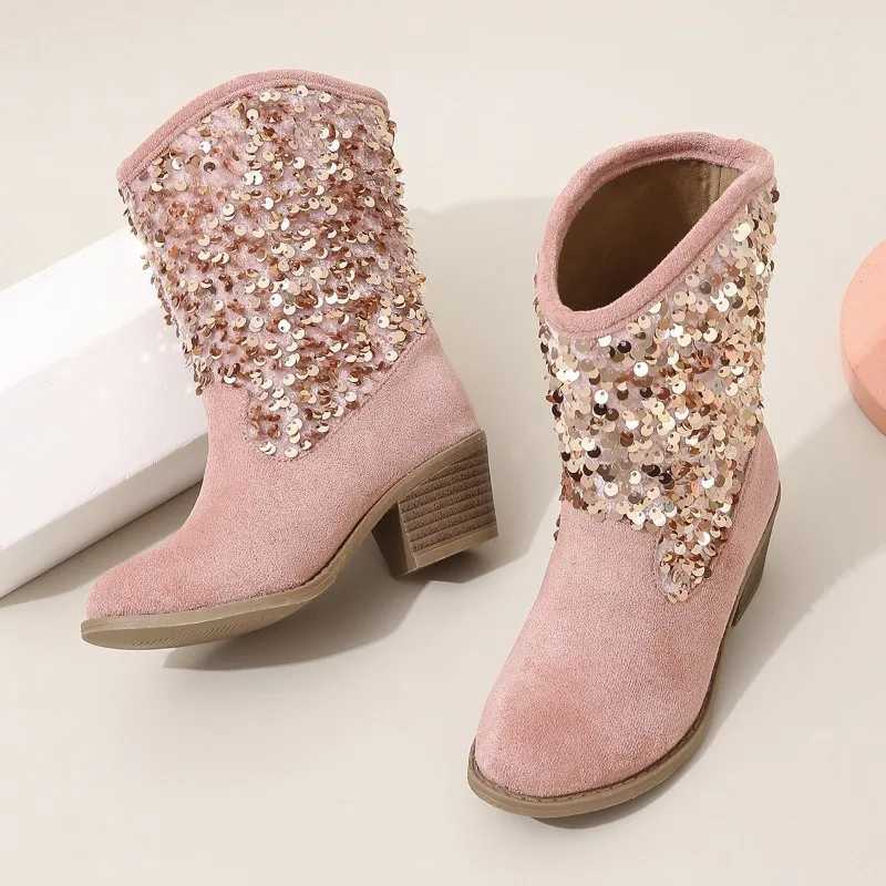 Girl Chelsea Boots New Glitter Thick High Heels Korean Sle European and American Fashion Childrens Edition Soft Princess Boots M241102