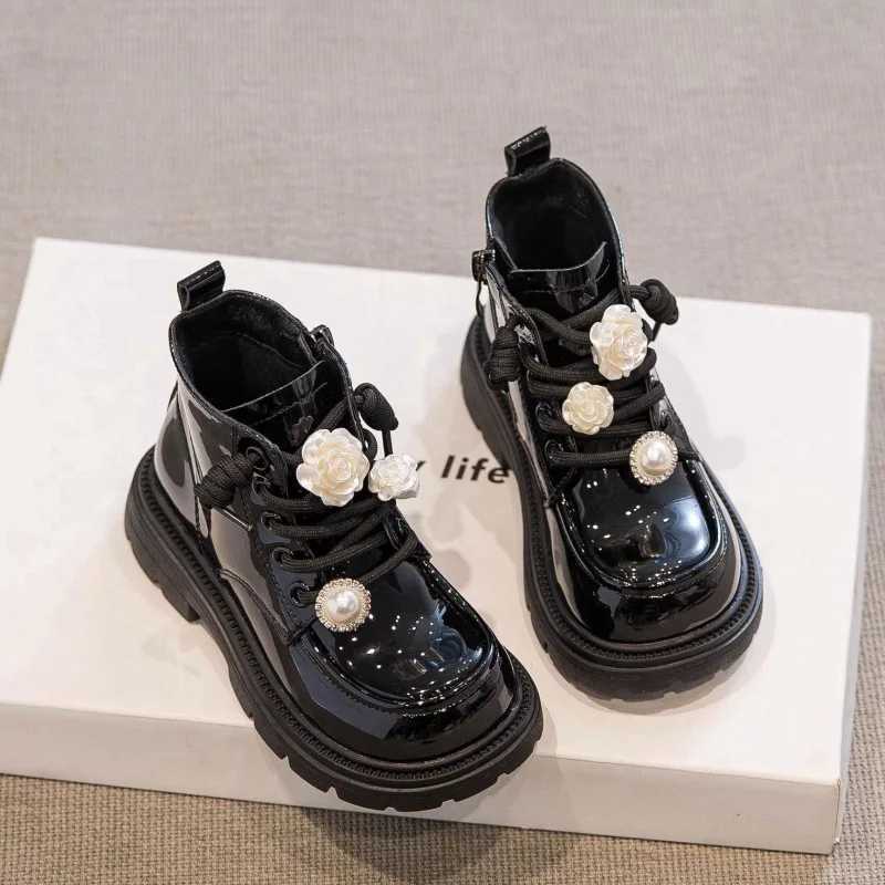 French platform childrens boots winter Pu girls leather boots medium-sized ankle boots fashionable princess boots black short boots childrens shoes Bo