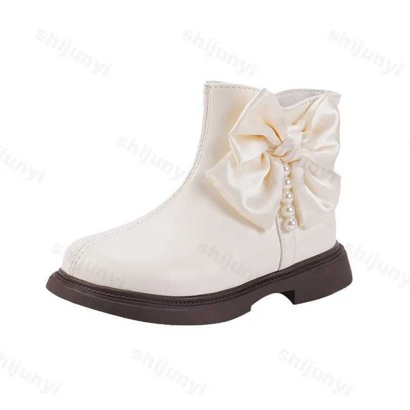 Girls autumn and winter new ankle boots Fahshion pearl bow knot side zipper childrens short boots PU leather smooth sweet childrens Botas M241102