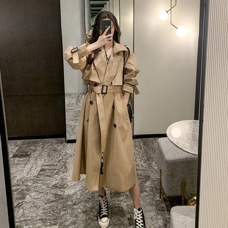 Womens Autumn Classic Double Chest Long Trench Jacket with Womens Solid Color Collar Windproof Collar Womens Winter Coat 241031