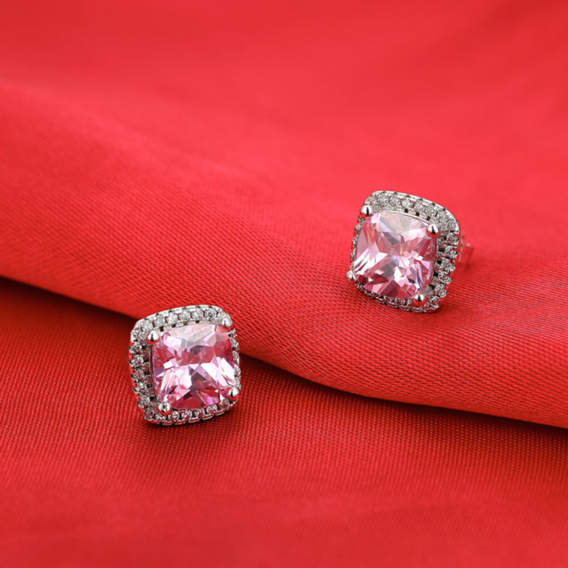 Fashion Square Zircon Color Diamond Women's Stud 925 Sterling Silver Crystal Stud Earrings White Diamond Princess Earrings Wedding Jewelry