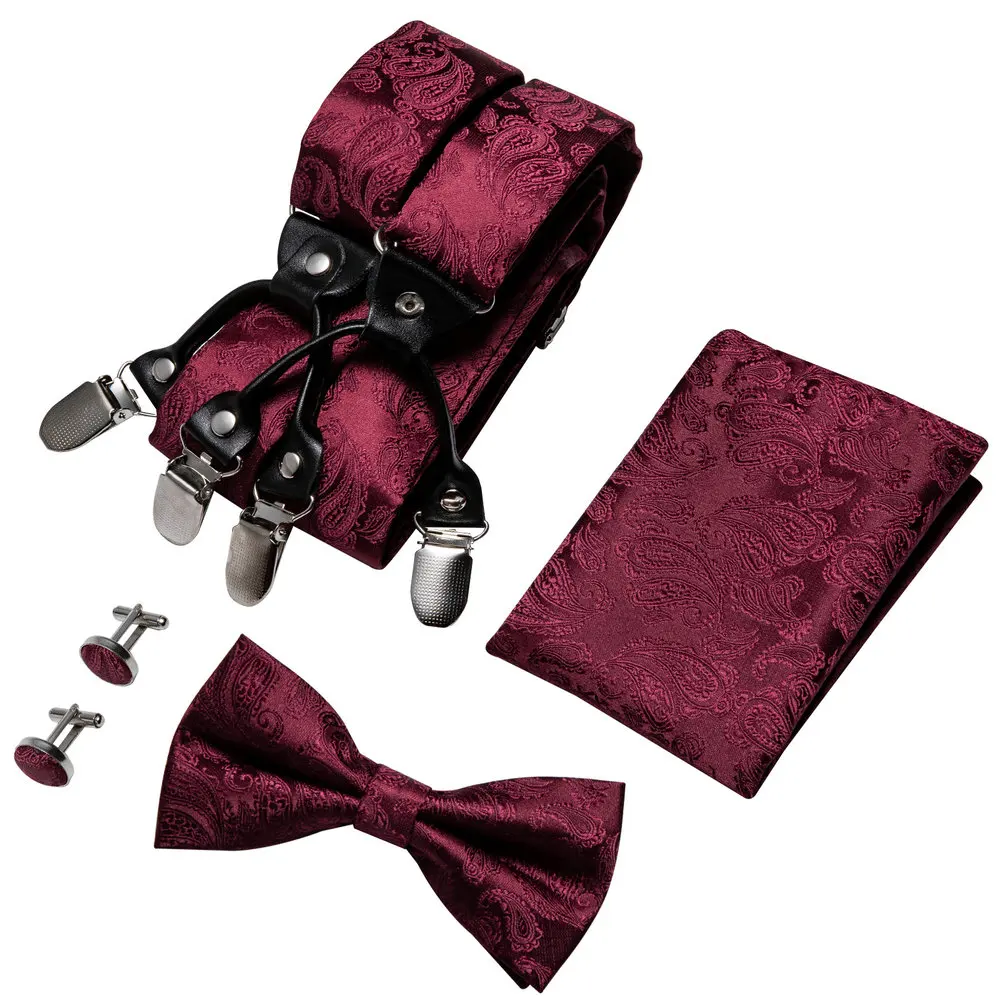 Elegant new Suspenders Men Bury Red Paisley 2025 Silk Jacquard Pre-Bow Tie Handkerchief Cufflink Set Barry.Wang Designer Wedding Gift