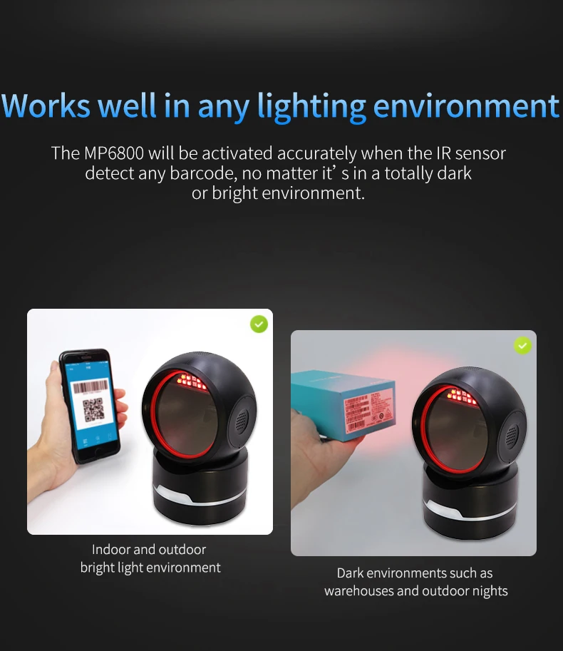 MP6800 Cost-eefective Highgrade ring light Desktop Omni-Directional Handsfree 1D/2D/QR Barcode Scanner USB/RS232 For Supermarket