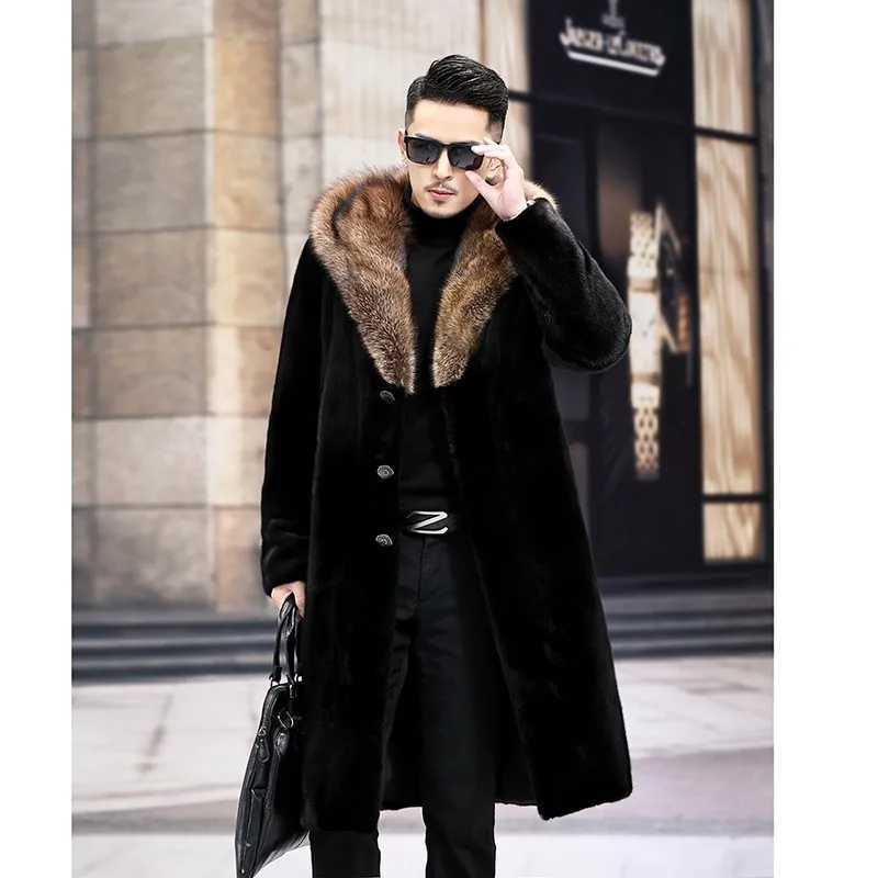 Mens long fur coat Winter warm mink coat fox fur collar hooded jacketXJ241102