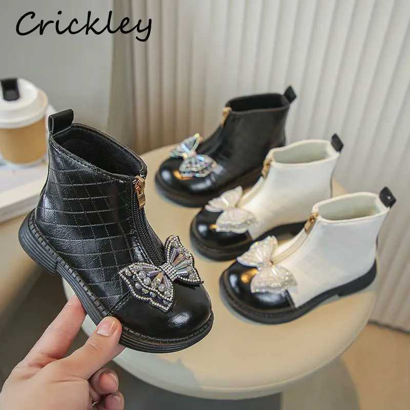 Crystal Bow Girls Fashion Boots Zipper PU Leather Patch Work Childrens Ankle Shoes Princess Soft Bottom Childrens Short Boots M241102