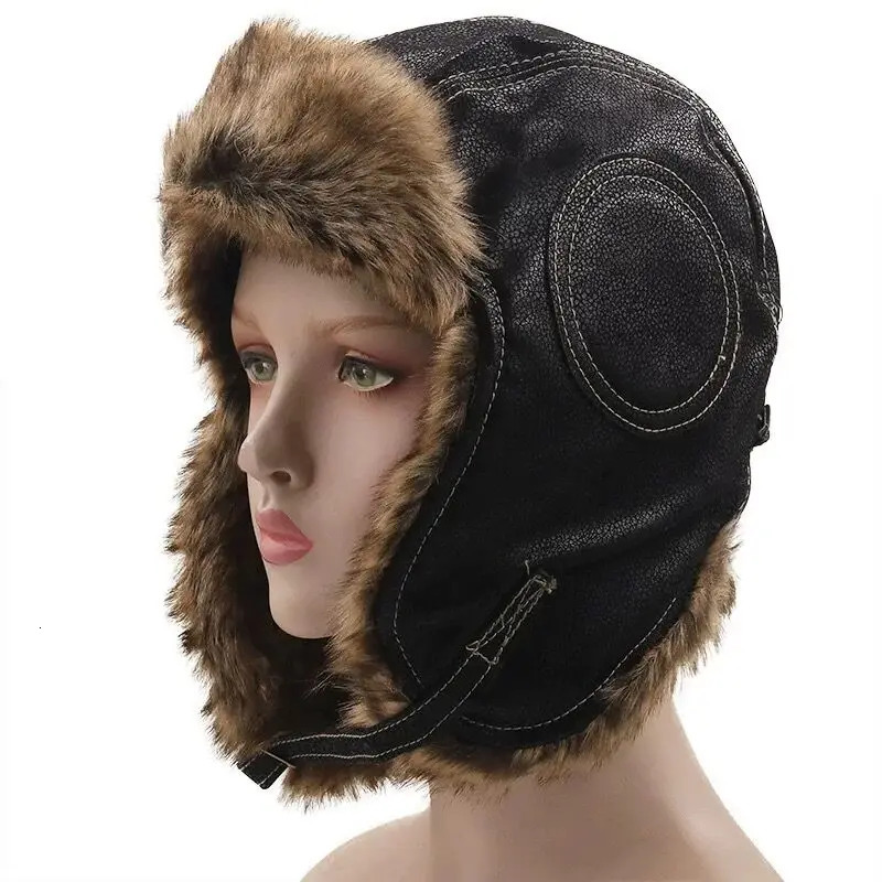 Earflap Ushanka warm fur hat army helmet bomber mens trap pilot womens clothing hat with Soviet goggles 241031