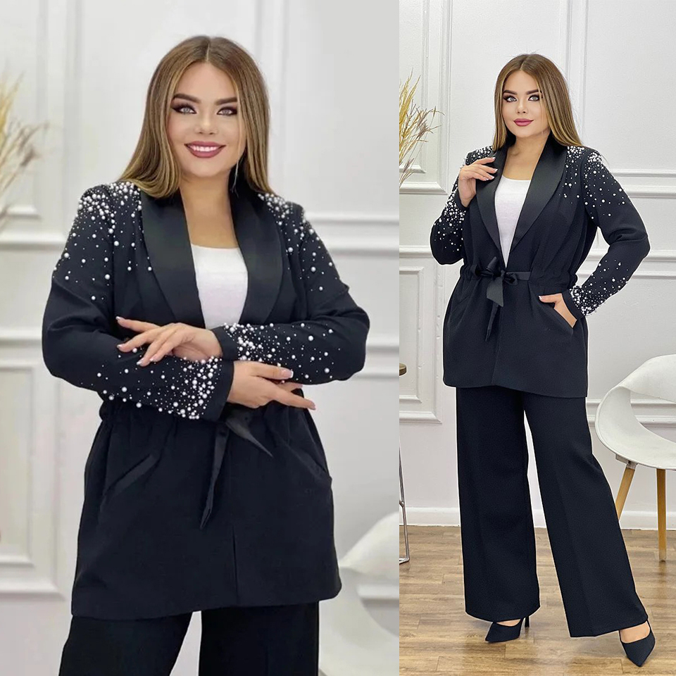 Velvet Women Pants Suits Shawl Lapel Pearls Beading Prom Evening Guest Formal Wear Custom Made Jacket 2 Pieces Plus Size