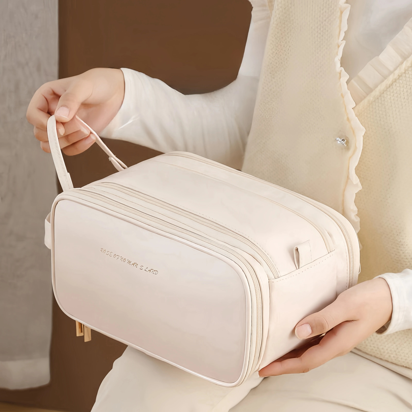 Travel makeup bag with handle PU leather portable large makeup bag suitable for women men toilet makeup tools Sk 241031