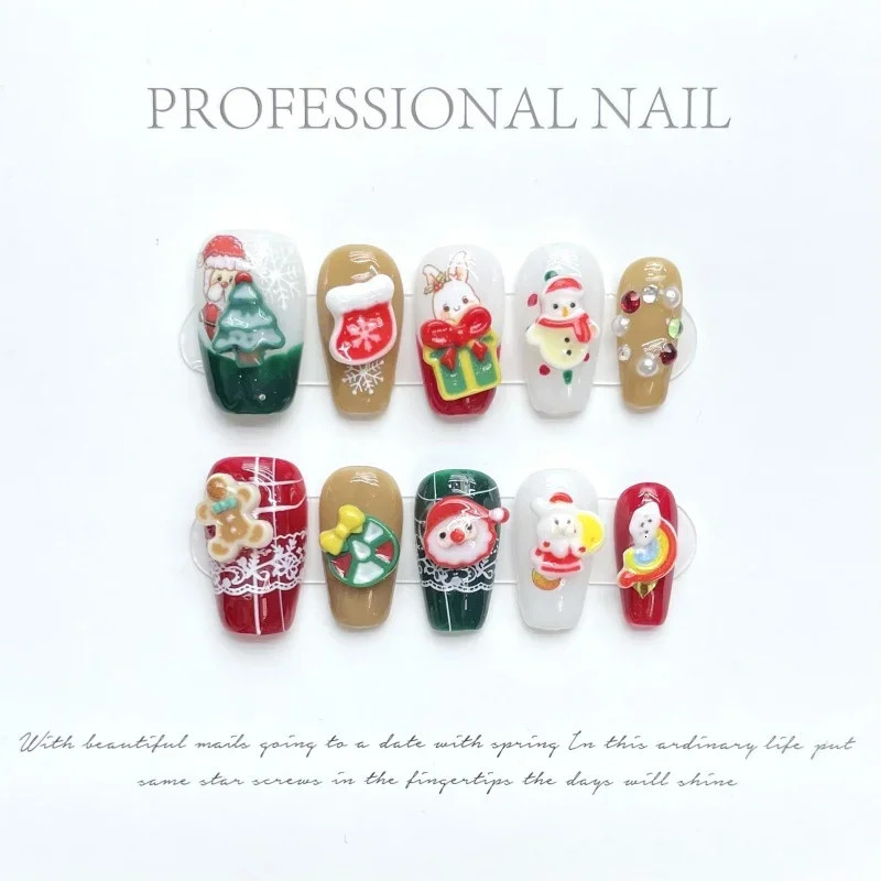 Santa Claus Winter Handmade Knitted Nail Starlight Shining Fake Nail Cartoon Cute Rabbit Snowman Nail Art Patch Christmas Gift 241031