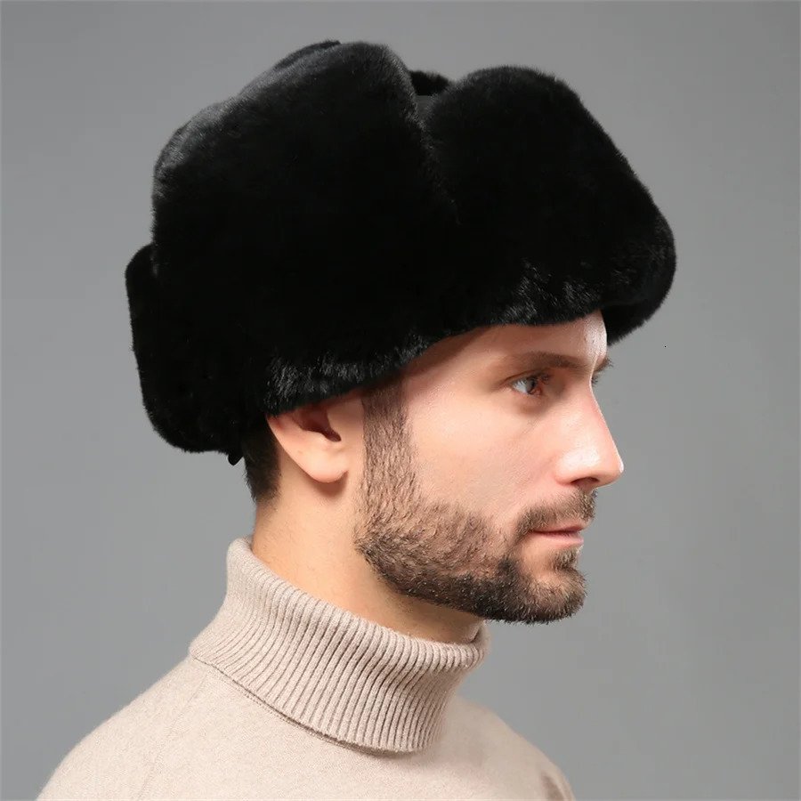 Bomber Hat Mens Thick Womens Warm Russian Ushanka Rex Rabbit Fur Hat Fashion Mens Winter Sheepskin Earrings Ski Hat 241031