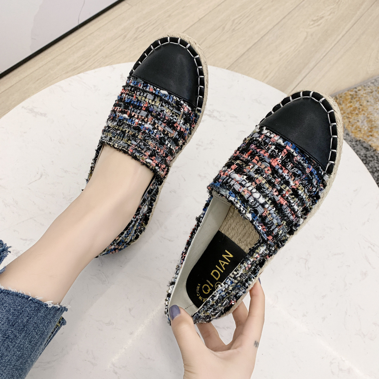 cloth sequined color mixed flats women leather patchwork espadrilles plaid glitter sneakers female slip on loafers plus size 43
