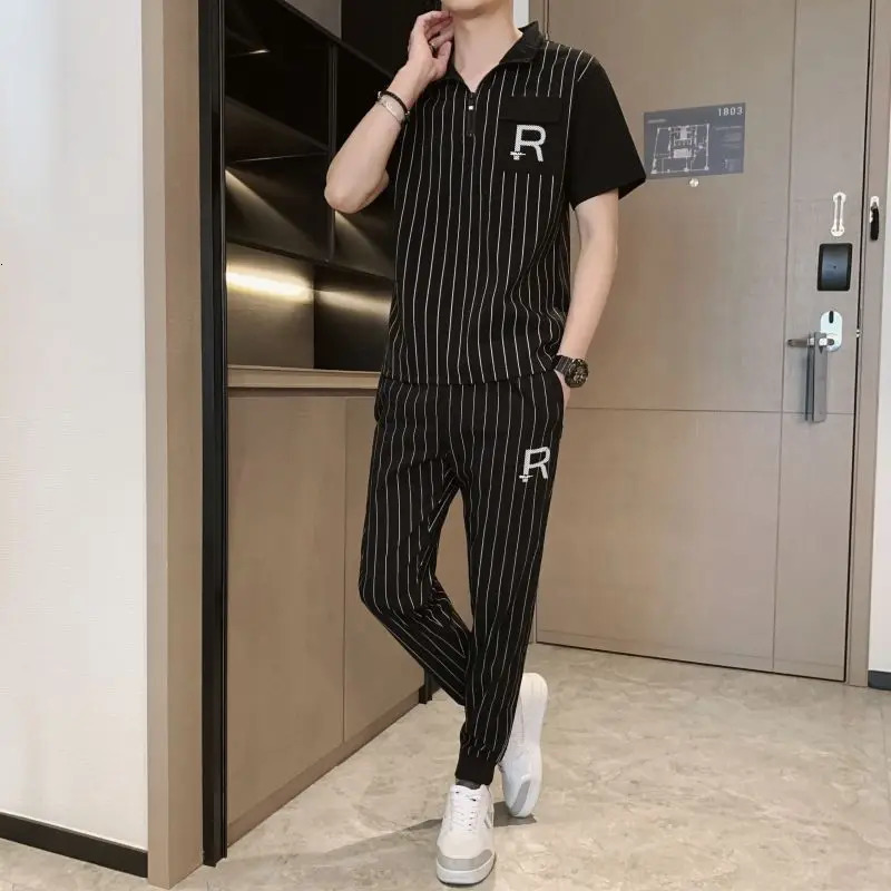 Summer Ice Silk Casual Suit Mens Youth Korean Version of the Trend Striped Short-sleeved T-shirt Shirt Trousers Tracksuit Two S 240402