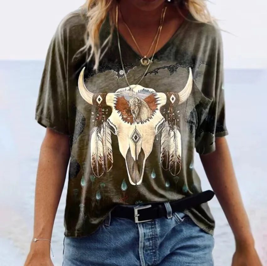 Street T-shirt 2025 new Women Ethnic Style Tee Summer Short Sleeve Haruku Print Shirt Clothing Casual Female Retro Oversized T-Shirts