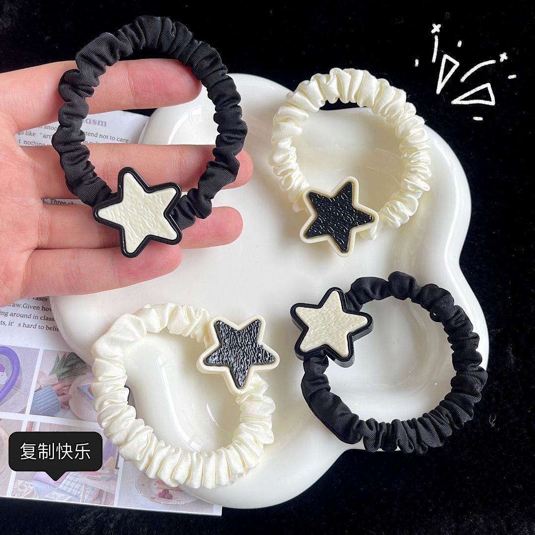 Headband Black and white stars sweet and cool hair rings Korean Girls Cartoon Harajuku Wind Five pointed Star Versatile ponytail hair rope headwear