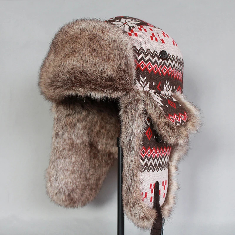 Winter bomber hat womens Russian faux fur trap hat mens Ushaka snow hat with earrings 241031