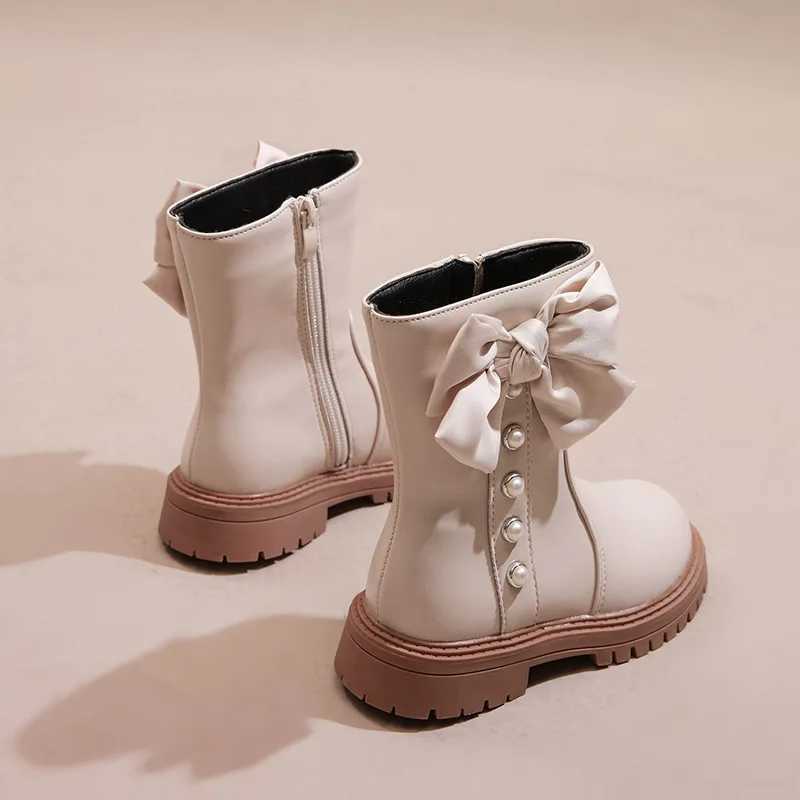 Girls long boots black Pu leather bow short and fashionable childrens winter boots warm bow round toe high knee childrens shoes M241102