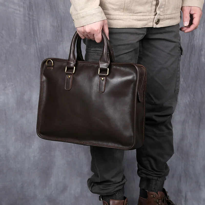 NZPJ Retro Mens Briefcase Leather Laptop Bag Top Layer Cowhide Casual Handbag 14 Inch Business Shoulder Messenger 241029