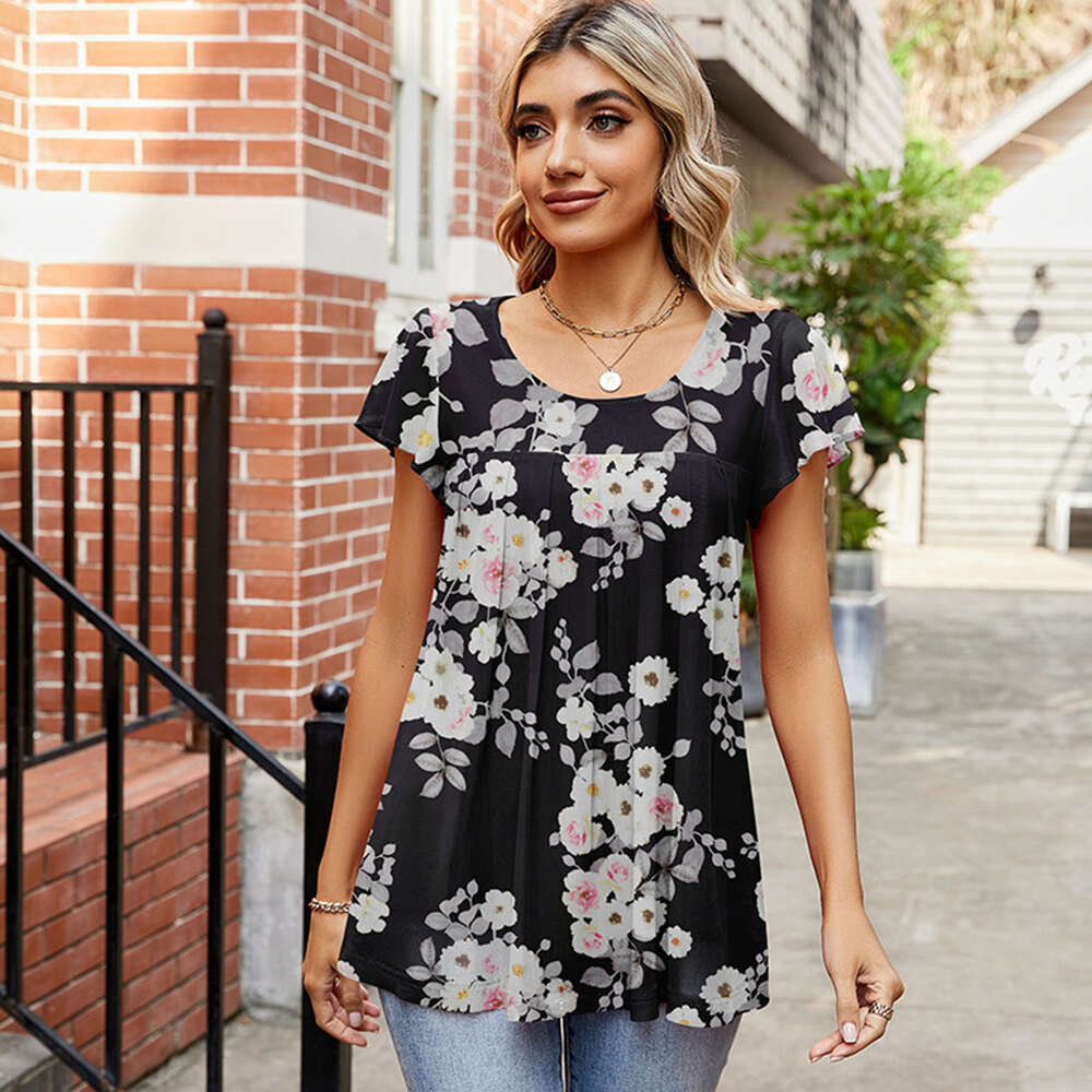2024 Summer Mesh Top Women's Loose Pleated Printed Flowing Chiffon Shirt Sling floral skirt vacation beach