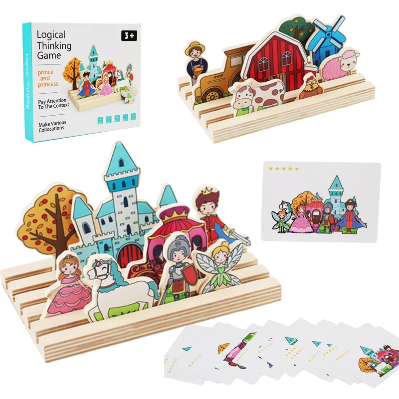 Montessori Logical Thinking Games Wooden Puzzle Math Toy Farm Animal Castle Card Matching Games Children Educational Sensory Toy