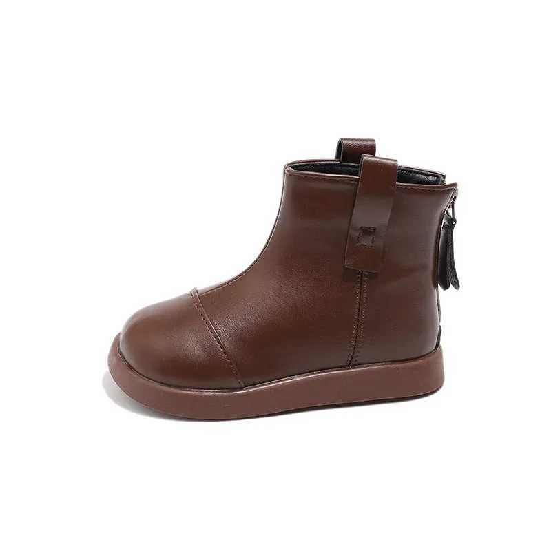 New childrens leather boots with simple splicing work girls short boots fashion version childrens leather boots thick sole ankle boots back zipper M24