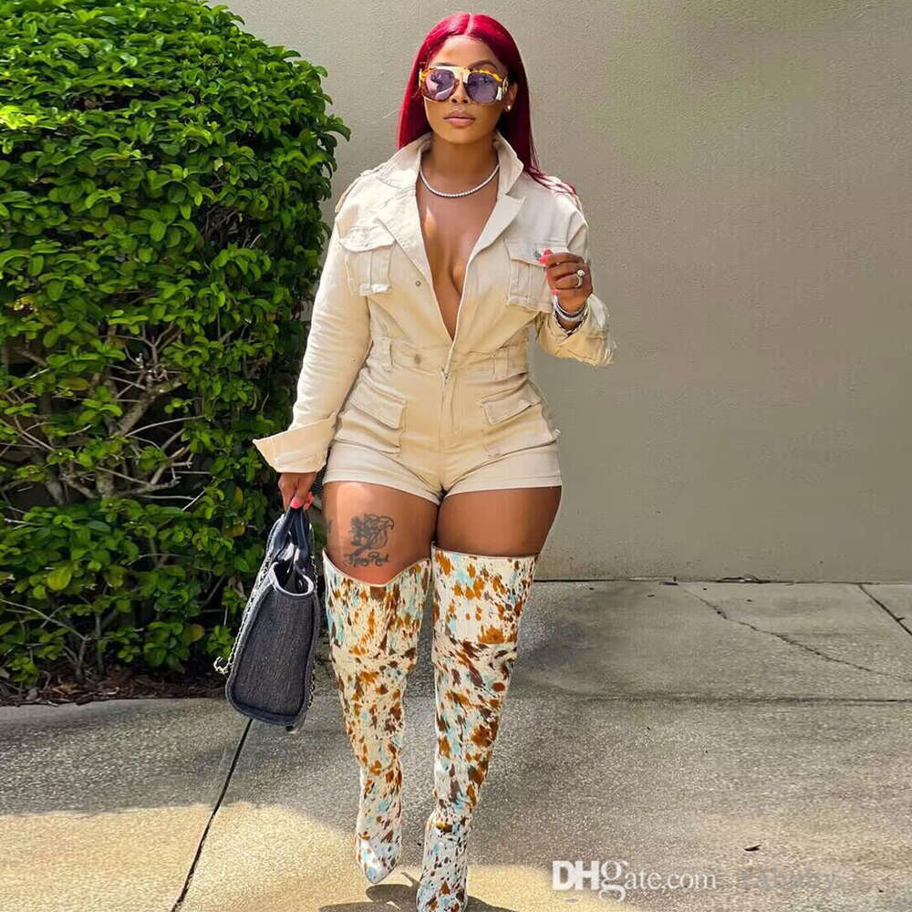 Spring Summer Denim Jumpsuit Bodysuit Fashion Work Cargo Pocket Long Sleeve Shorts Jumpsuits For Women Casual Onepiece Outfits